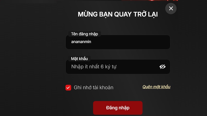 Điền đầy đủ thông tin đăng nhập Vibet