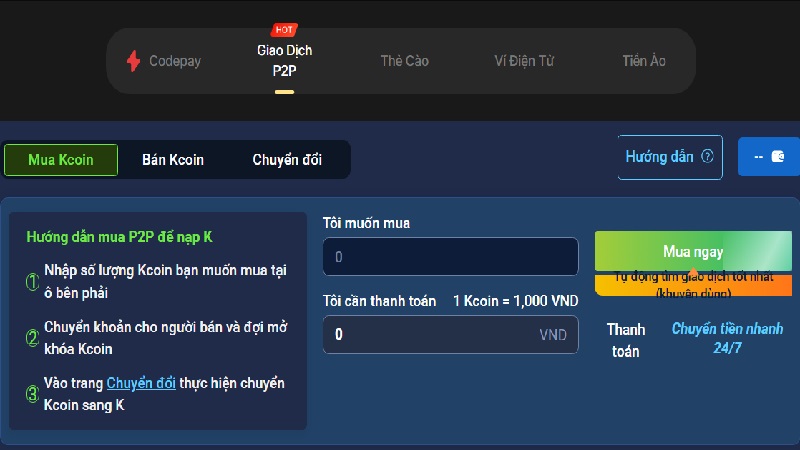 Nạp tiền Vibet qua P2P dễ dàng