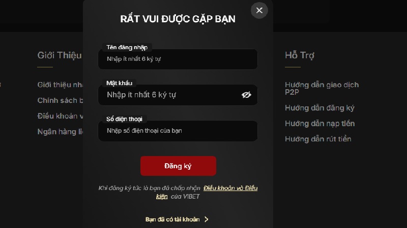 Hướng dẫn Vibet trong đăng ký tài khoản