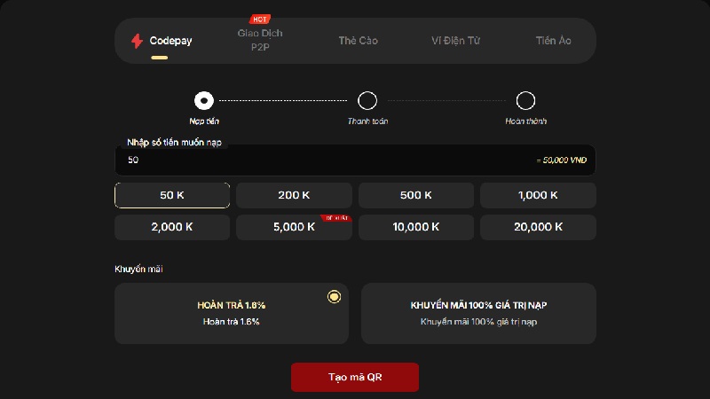 Nạp tiền Vibet qua codepay đơn giản