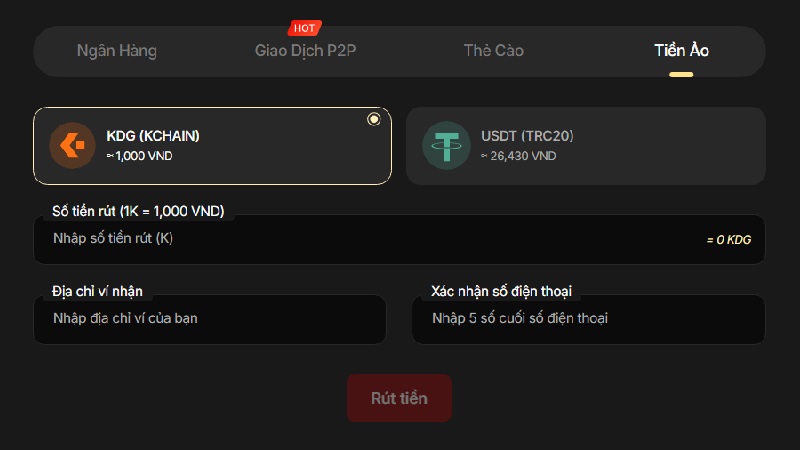 Rút tiền Vibet qua tiền ảo tiện lợi
