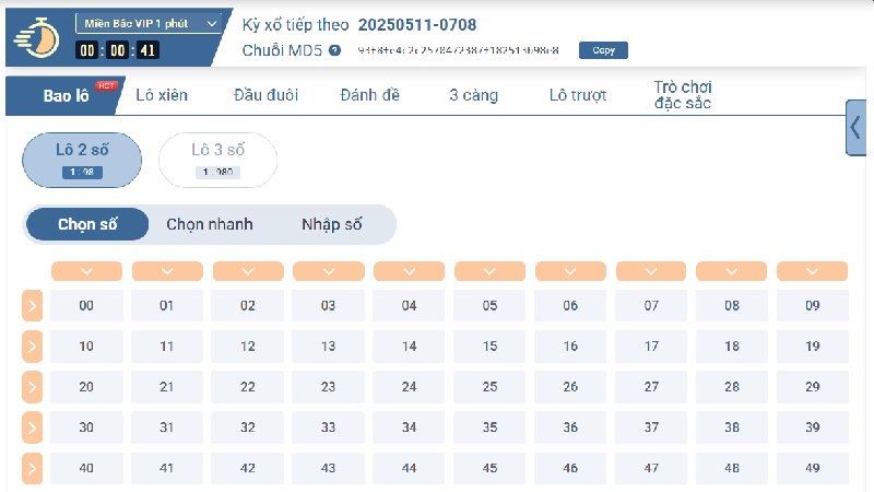 Sảnh siêu tốc MD5 tại xổ số Vibet
